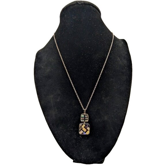 Sandy Baker Sterling 925 Paula shell horn inlay mosaic pendant on 925 Necklace - Picture 2 of 16